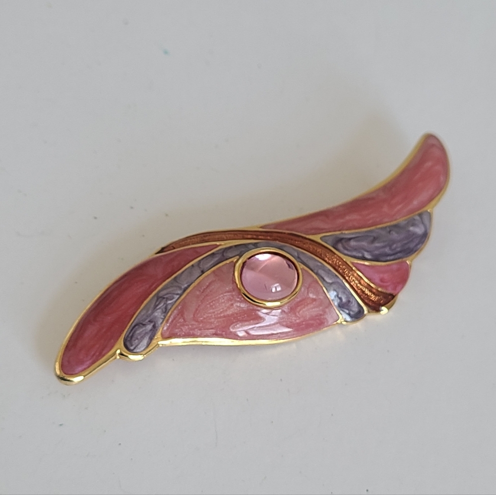 Vintage Gold Pink Purple Pearlescent Enamel Oval Center Cabochon Wing Brooch